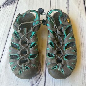 KEEN Whisper Hiking Water Sandals Grey/Peacock Green Bungee Lace Women's Size 7